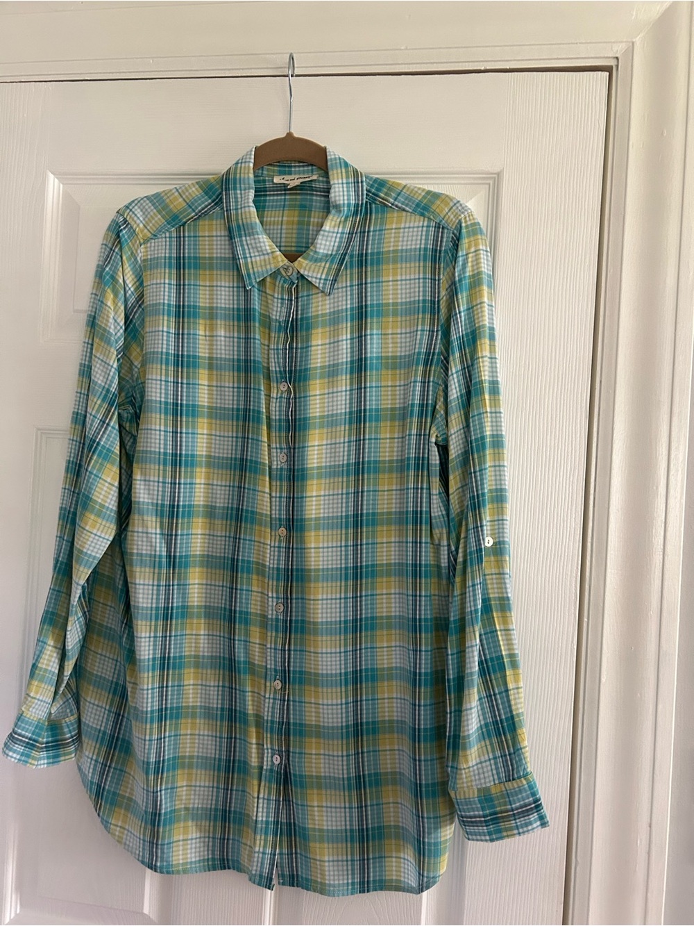 Jane and Delaney Aqua,, Yellow and White Plaid  Shirt L